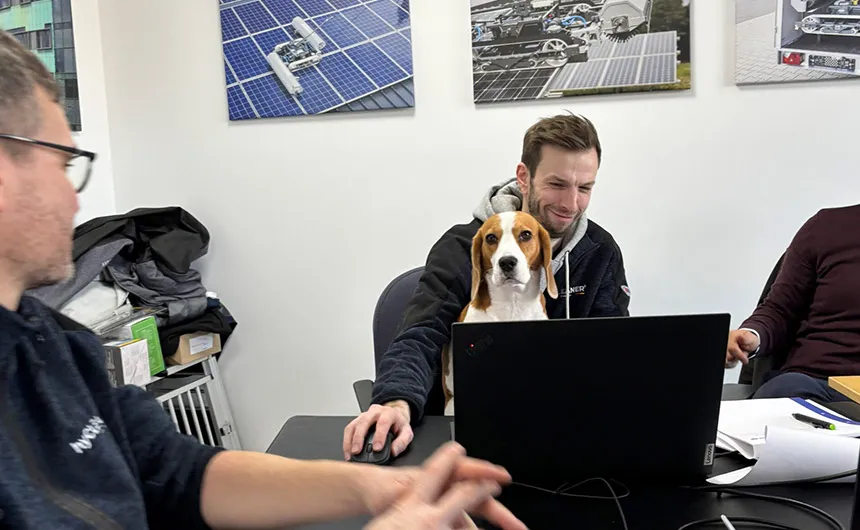 Office situation with several people and a dog
